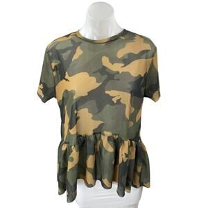 Zara Green Multicolor Camo Camouflage Short Sleeve Peplum Shirt Blouse Top Sz S